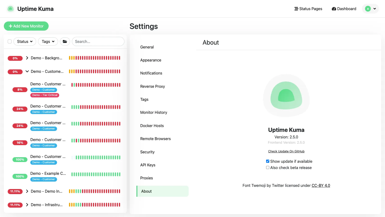 About Uptime Kuma in the Uptime Kuma desktop interface