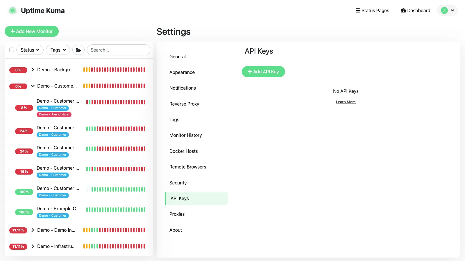 API keys settings in the Uptime Kuma desktop interface