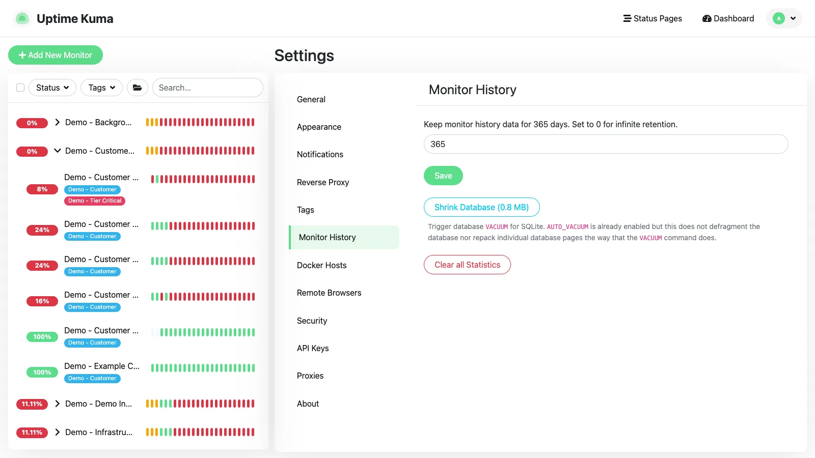 Monitor history settings in the Uptime Kuma desktop interface