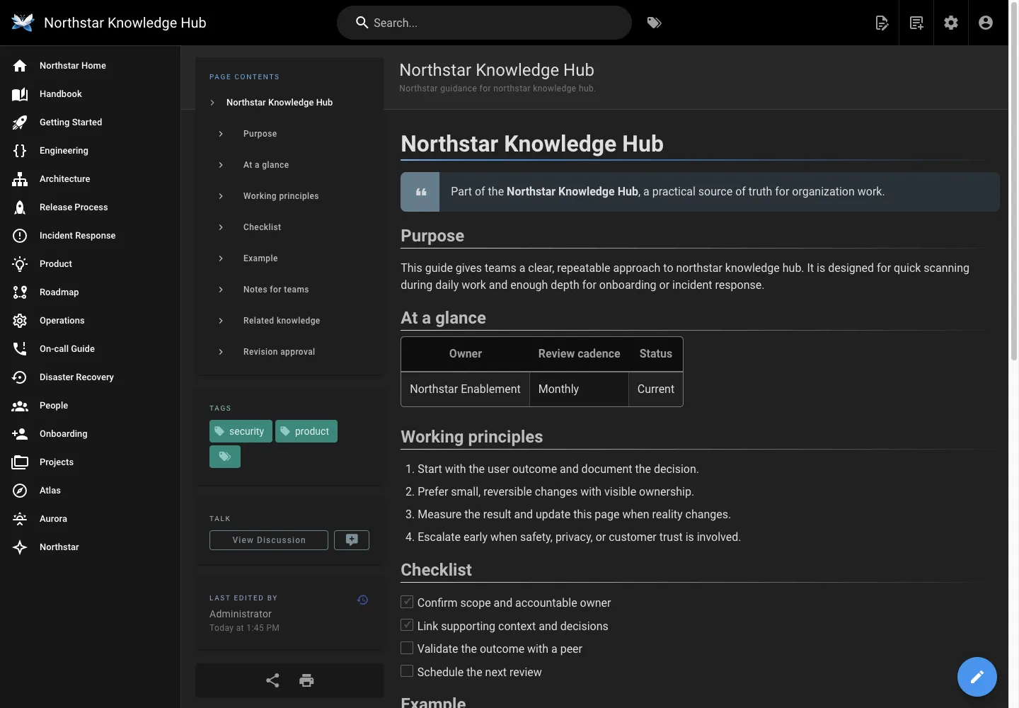 Knowledge search - desktop dark theme in the Wiki.js interface