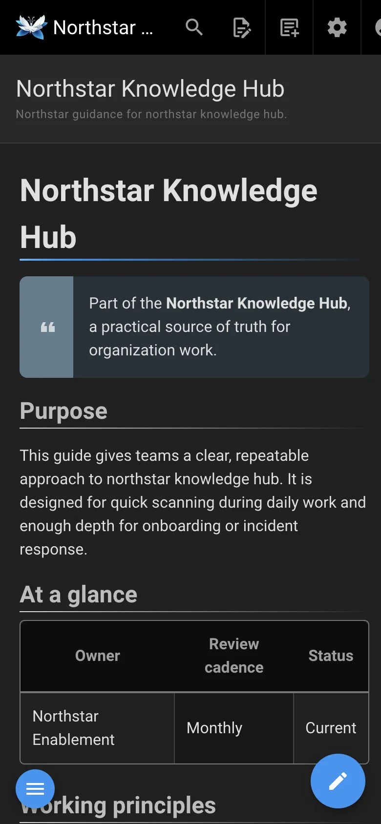 Knowledge search - mobile dark theme in the Wiki.js interface