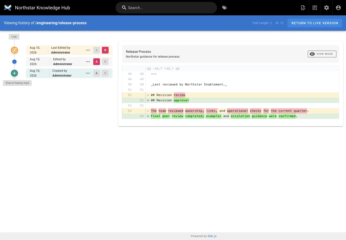 Page history - desktop light theme in the Wiki.js interface