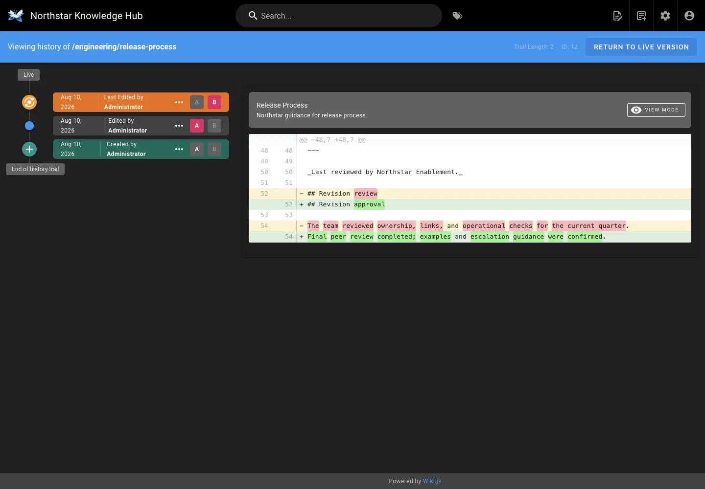Page history - desktop dark theme in the Wiki.js interface