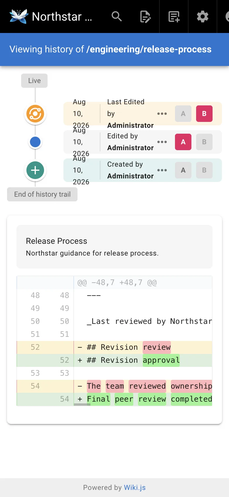 Page history - mobile light theme in the Wiki.js interface