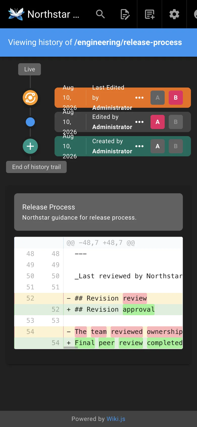 Page history - mobile dark theme in the Wiki.js interface