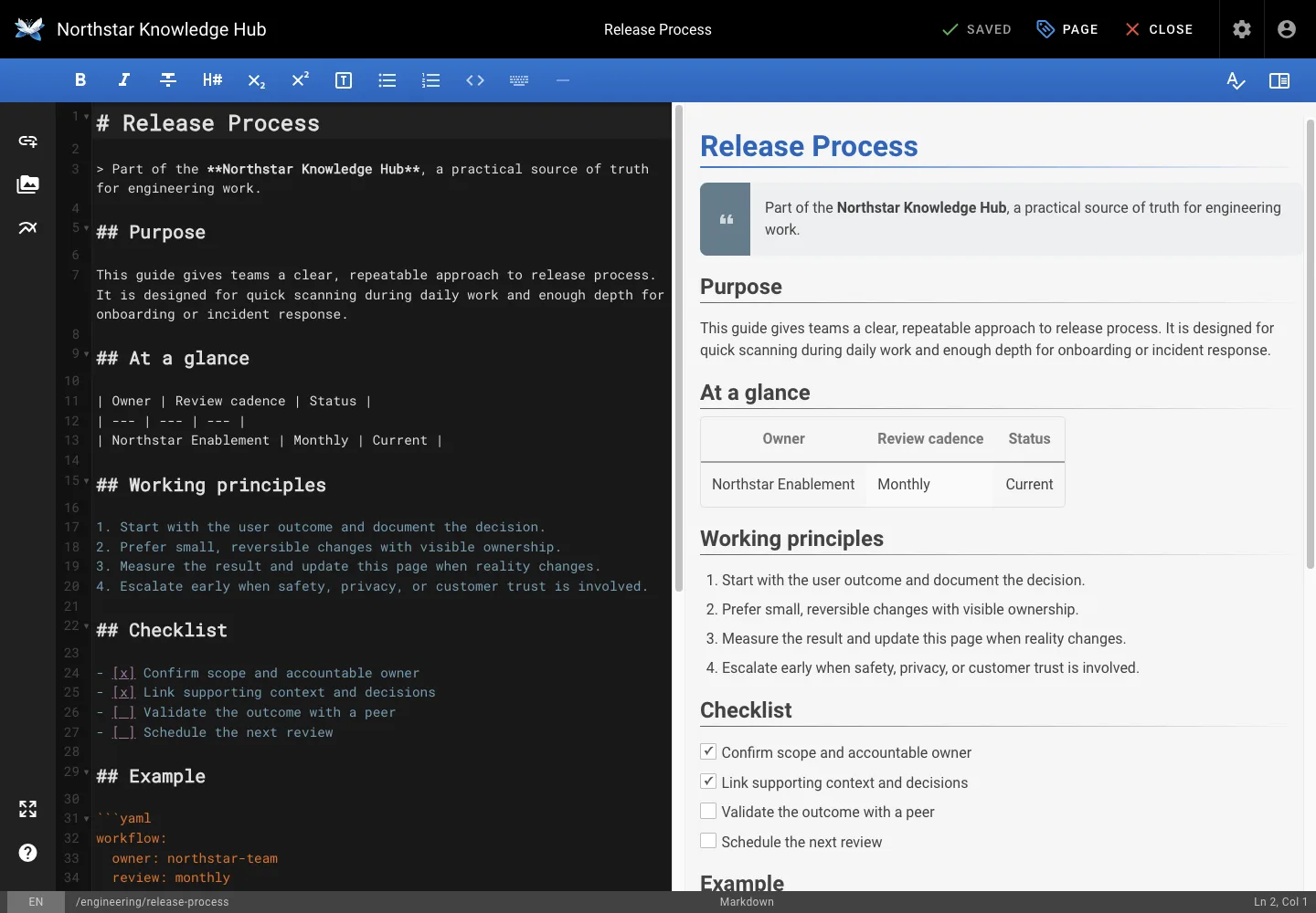 Markdown editor - desktop light theme in the Wiki.js interface