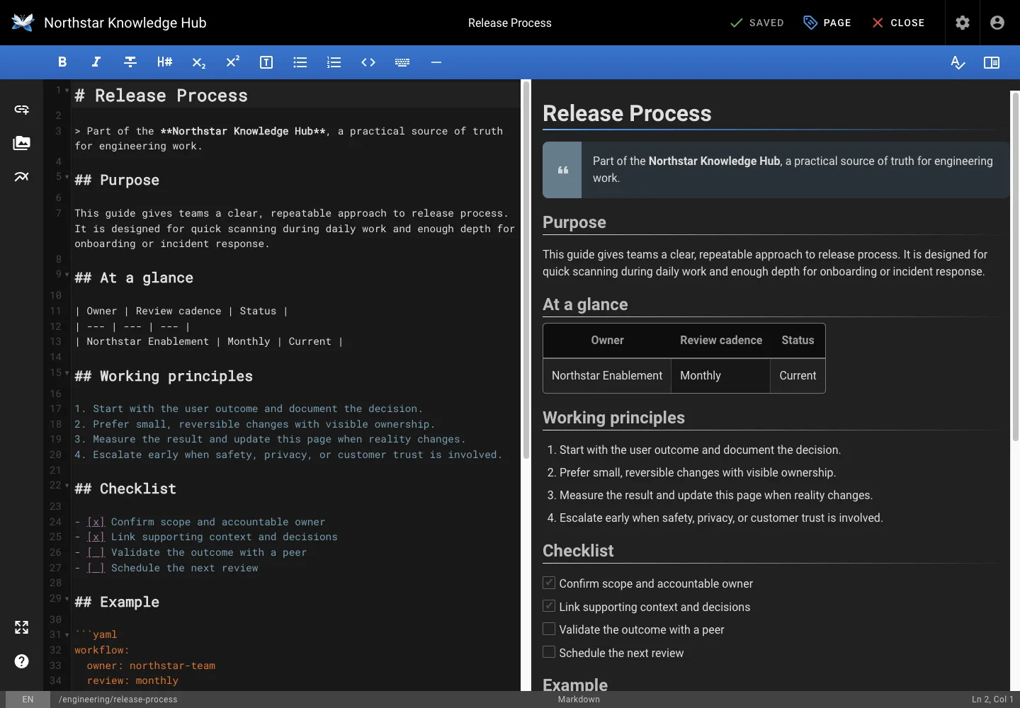 Markdown editor - desktop dark theme in the Wiki.js interface