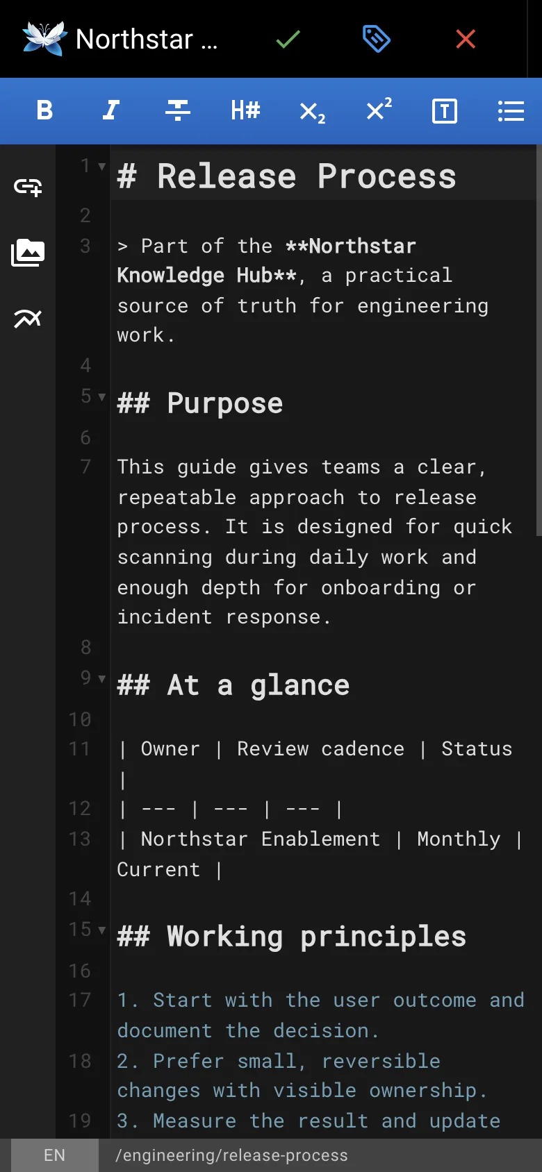 Markdown editor - mobile dark theme in the Wiki.js interface
