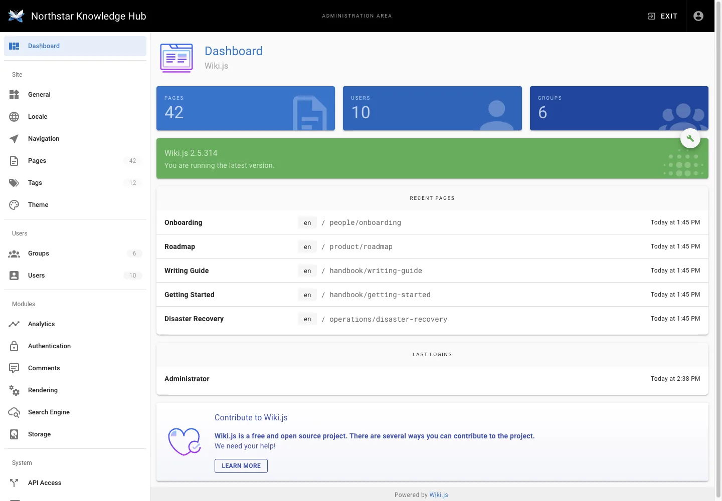 Administration dashboard - desktop light theme in the Wiki.js interface