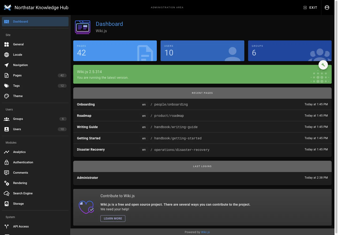 Administration dashboard - desktop dark theme in the Wiki.js interface