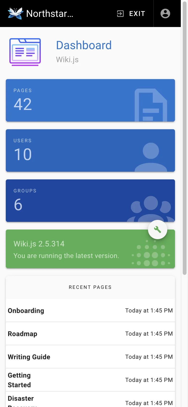 Administration dashboard - mobile light theme in the Wiki.js interface