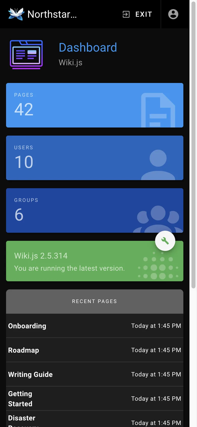 Administration dashboard - mobile dark theme in the Wiki.js interface