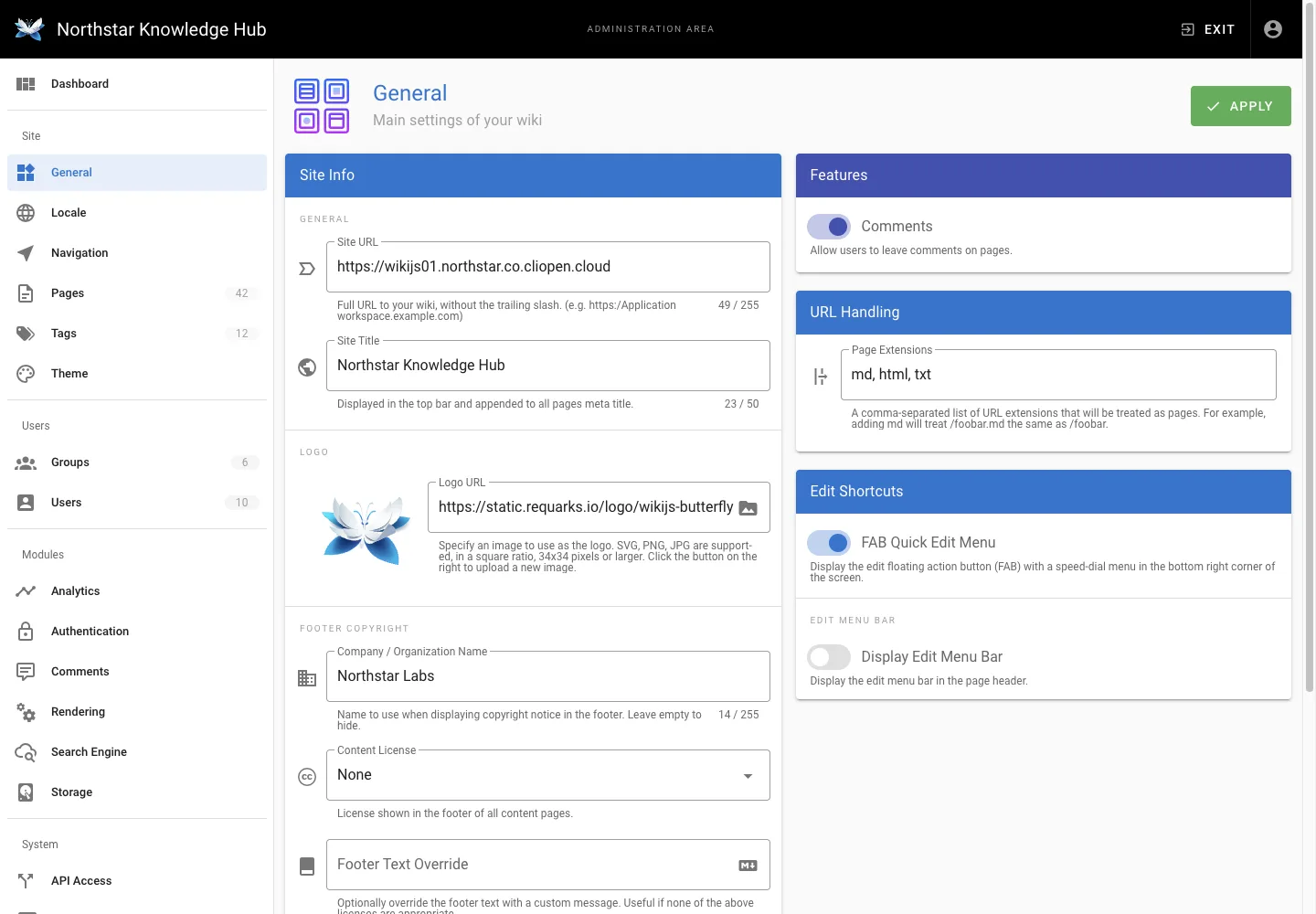 General settings - desktop light theme in the Wiki.js interface