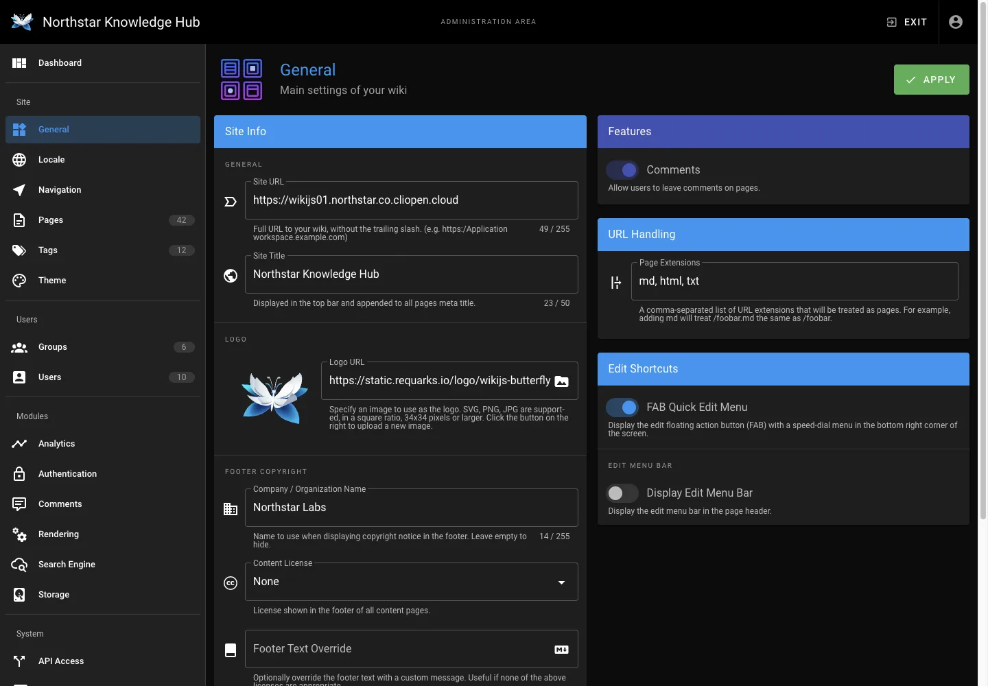 General settings - desktop dark theme in the Wiki.js interface