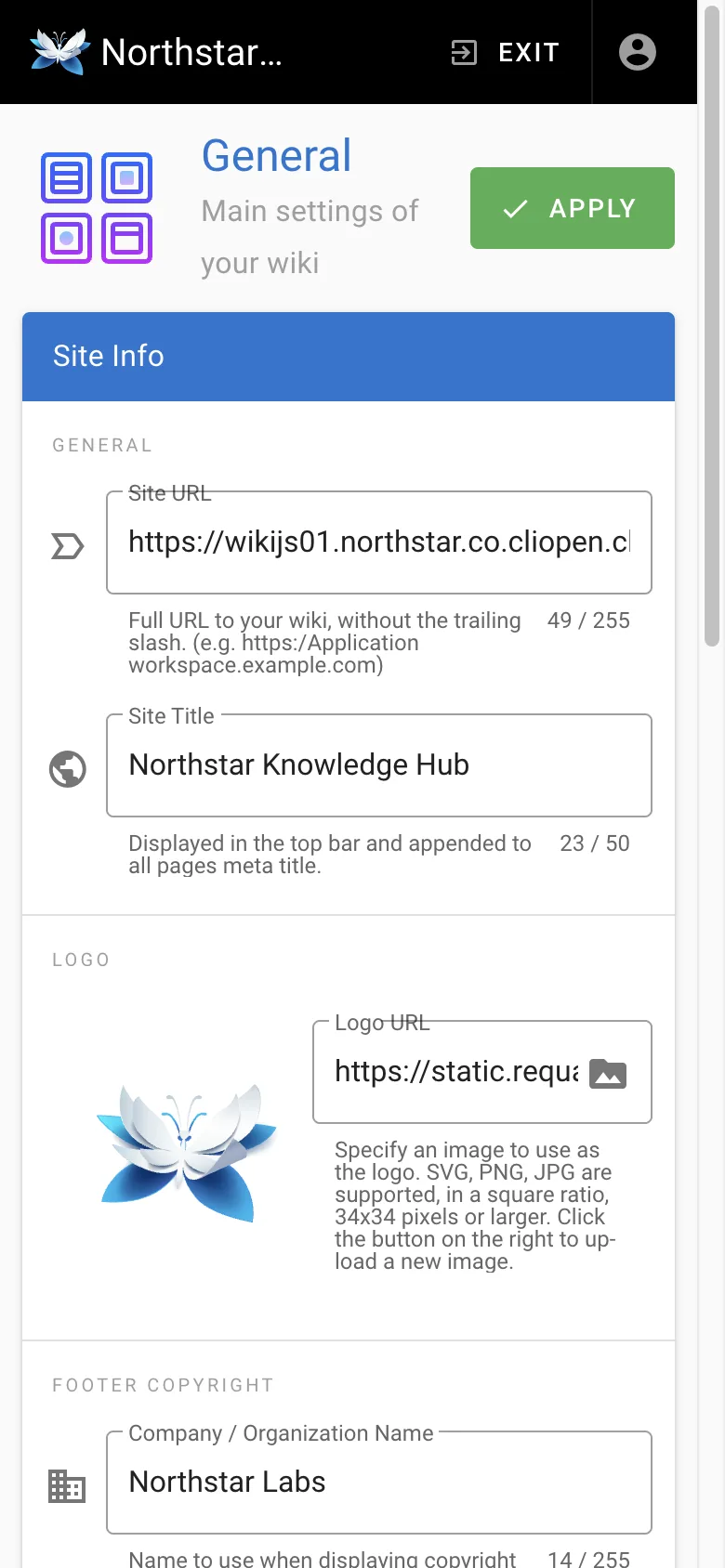 General settings - mobile light theme in the Wiki.js interface