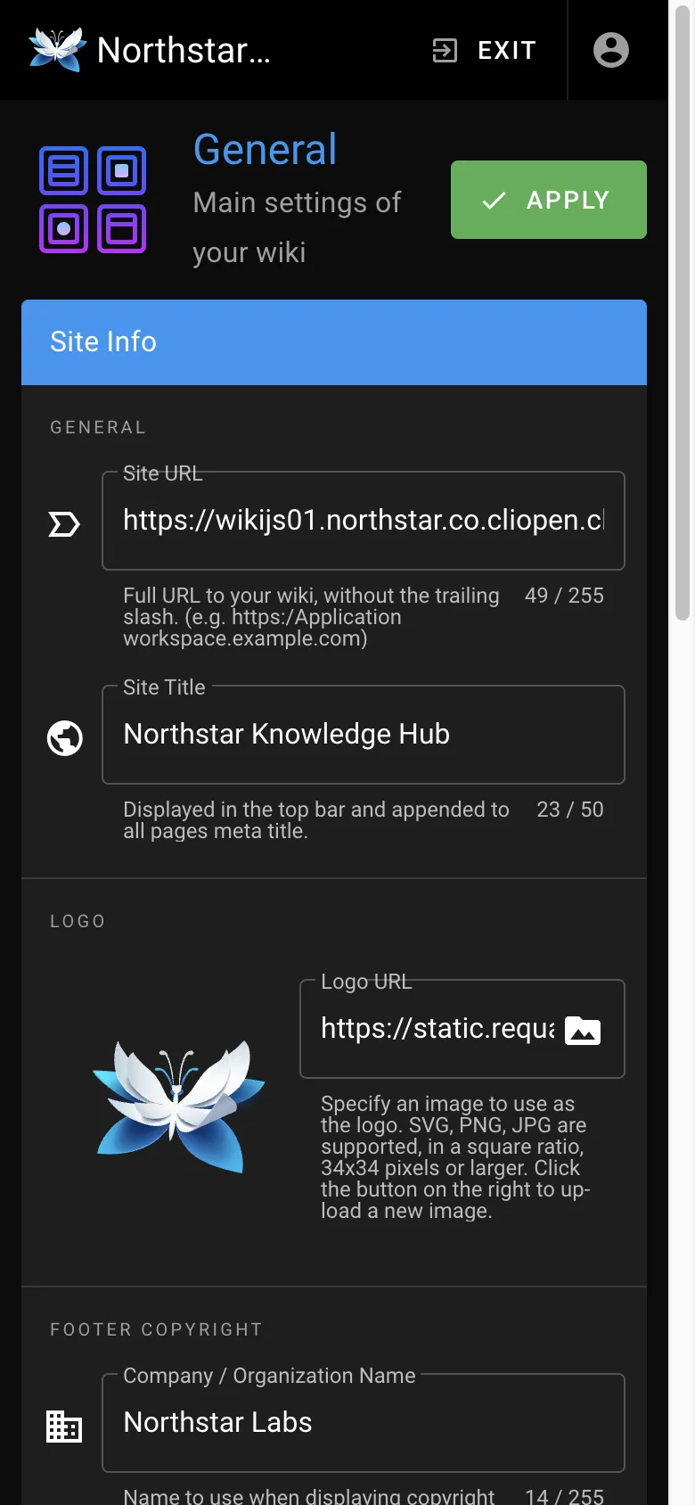 General settings - mobile dark theme in the Wiki.js interface