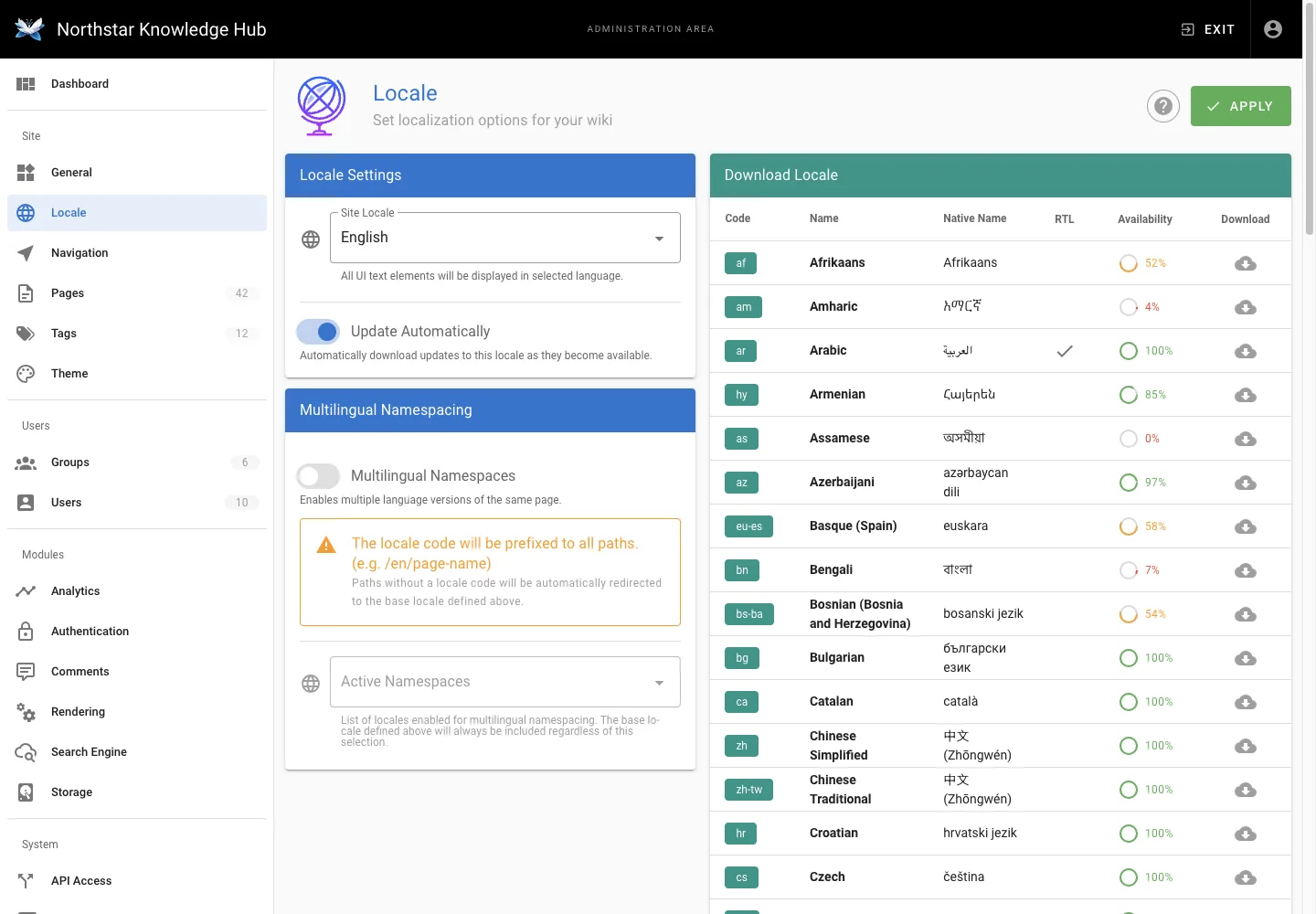 Locale settings - desktop light theme in the Wiki.js interface