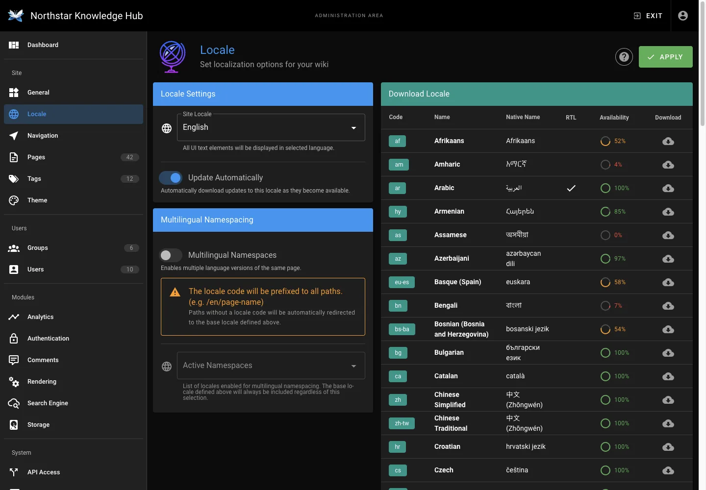 Locale settings - desktop dark theme in the Wiki.js interface
