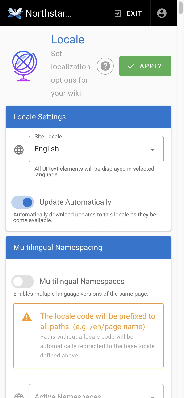 Locale settings - mobile light theme in the Wiki.js interface