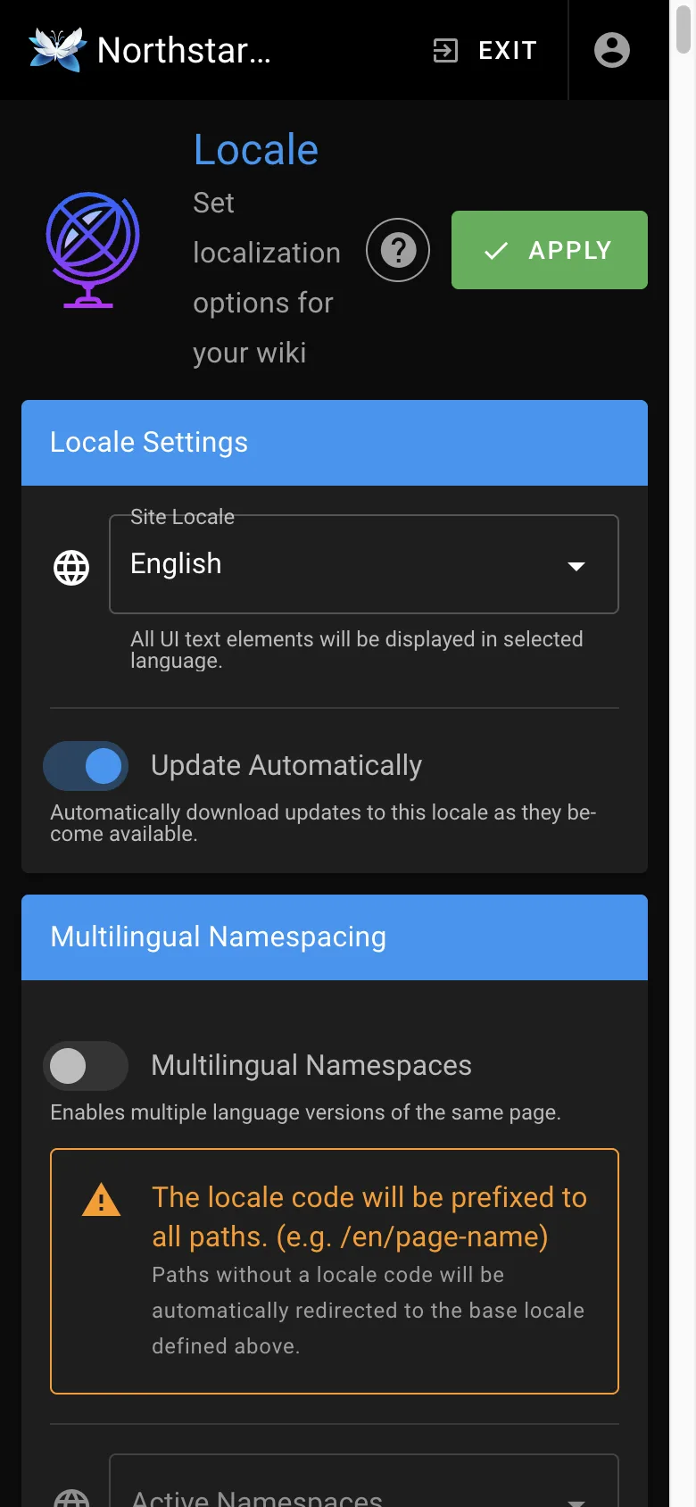 Locale settings - mobile dark theme in the Wiki.js interface