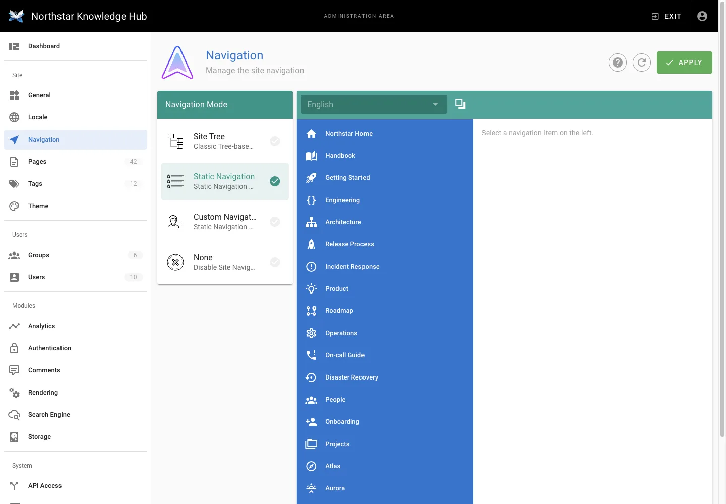 Navigation settings - desktop light theme in the Wiki.js interface