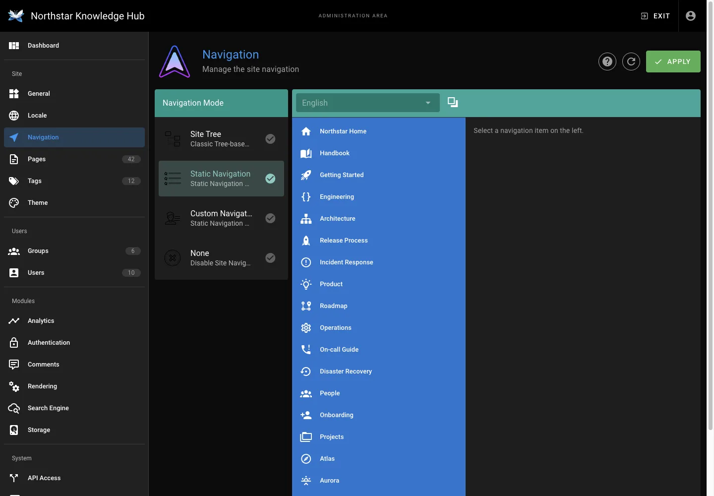 Navigation settings - desktop dark theme in the Wiki.js interface