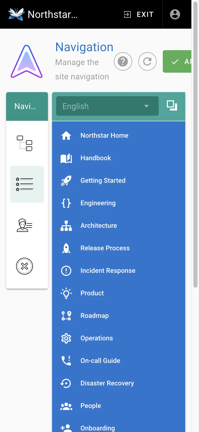 Navigation settings - mobile light theme in the Wiki.js interface