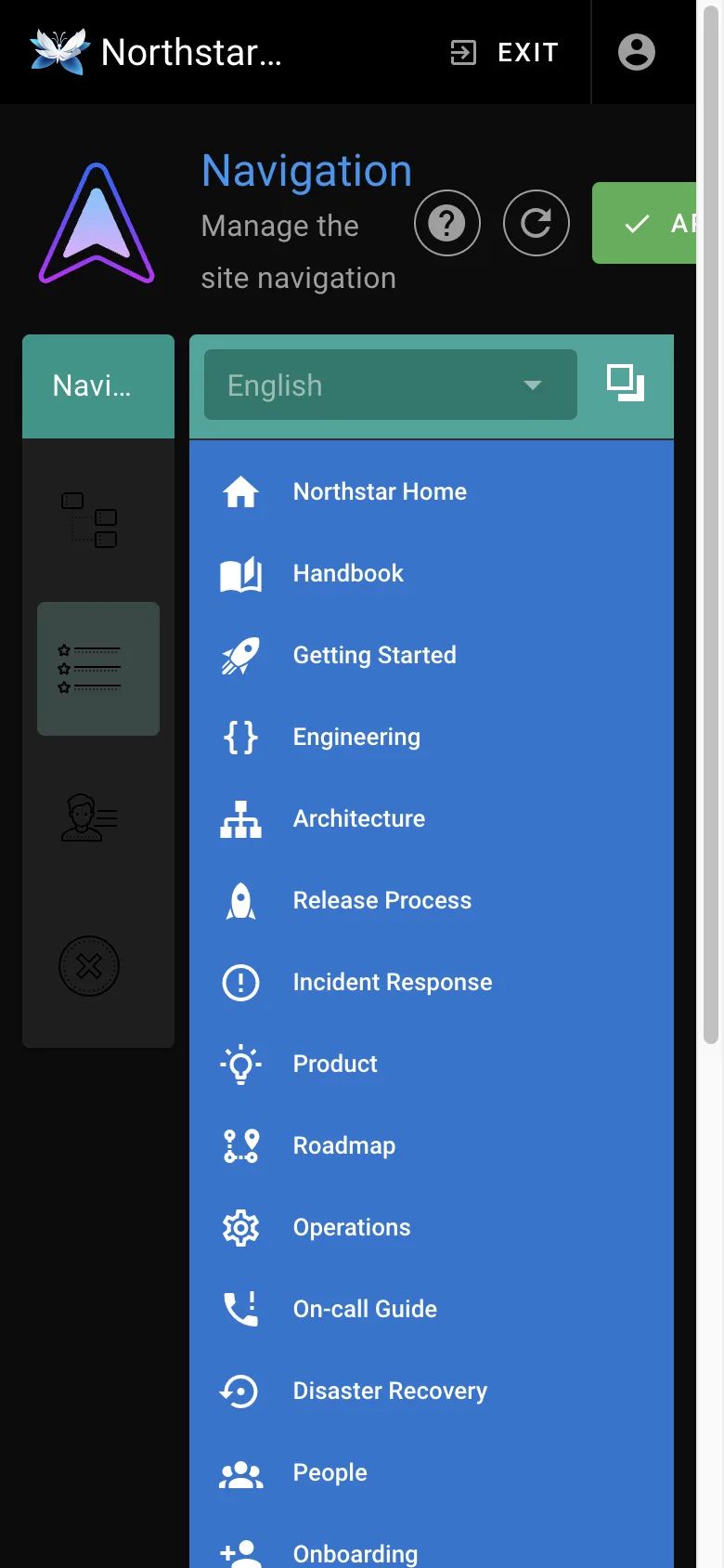 Navigation settings - mobile dark theme in the Wiki.js interface