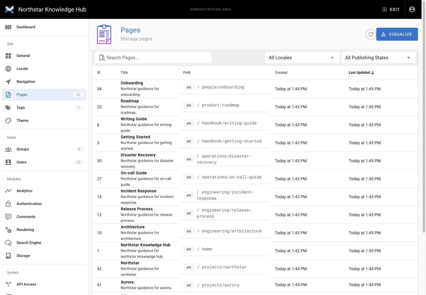 Page management - desktop light theme in the Wiki.js interface
