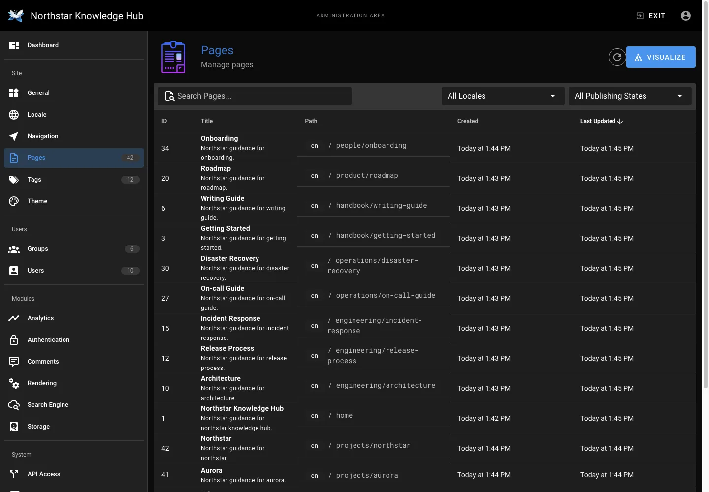 Page management - desktop dark theme in the Wiki.js interface