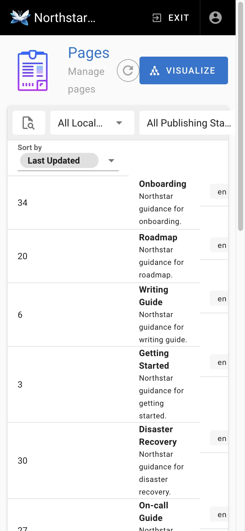 Page management - mobile light theme in the Wiki.js interface