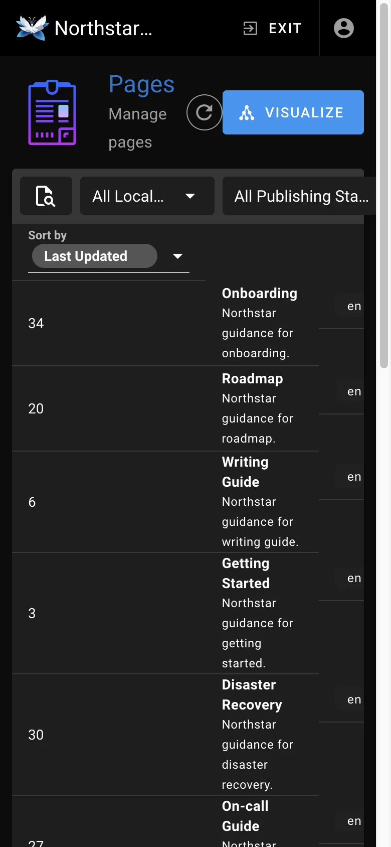 Page management - mobile dark theme in the Wiki.js interface