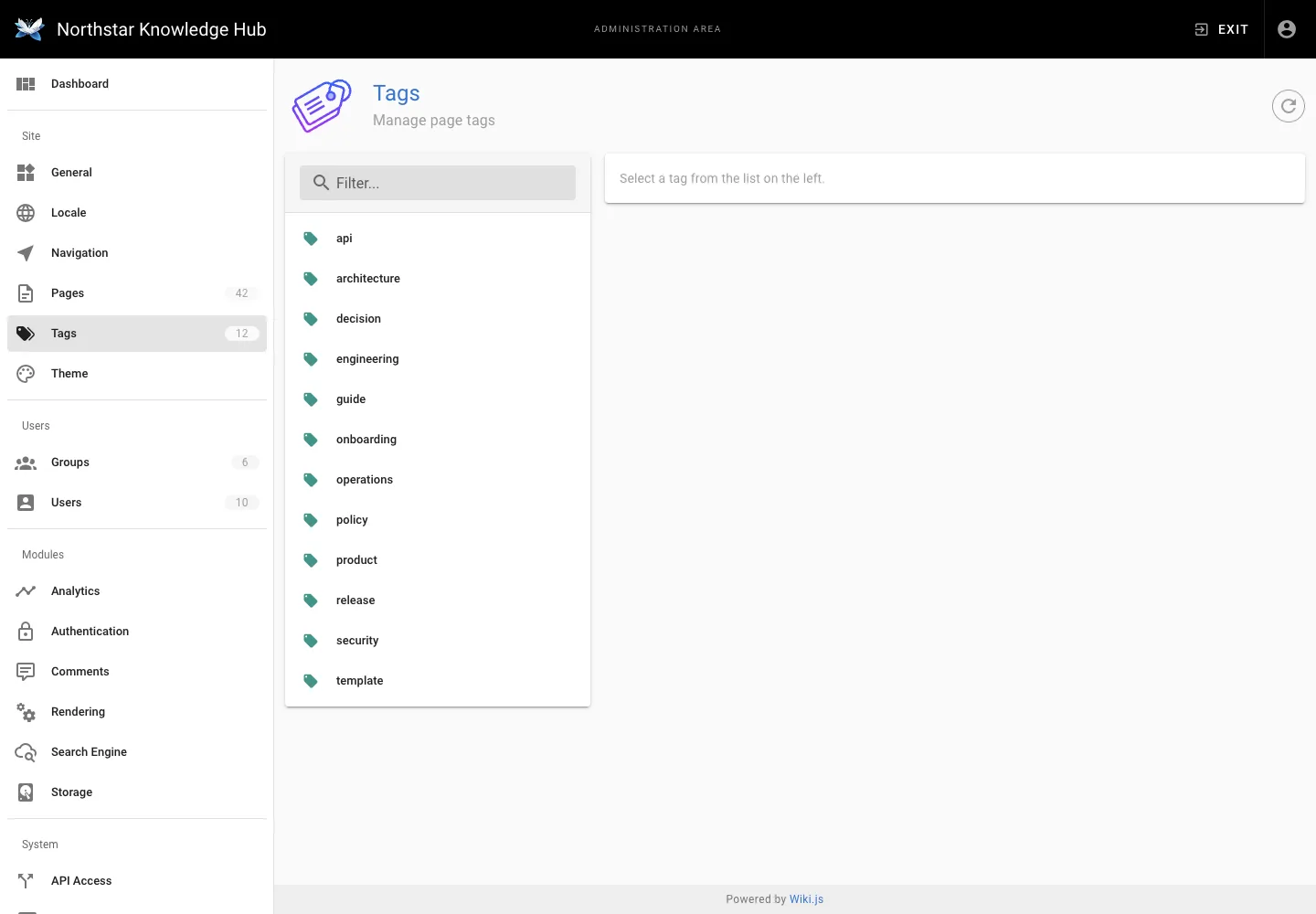 Tag management - desktop light theme in the Wiki.js interface