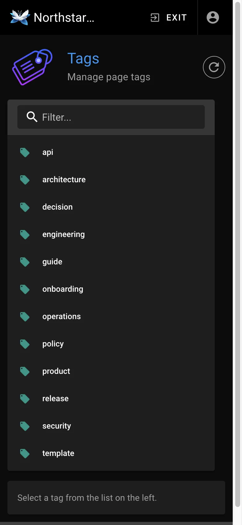 Tag management - mobile dark theme in the Wiki.js interface