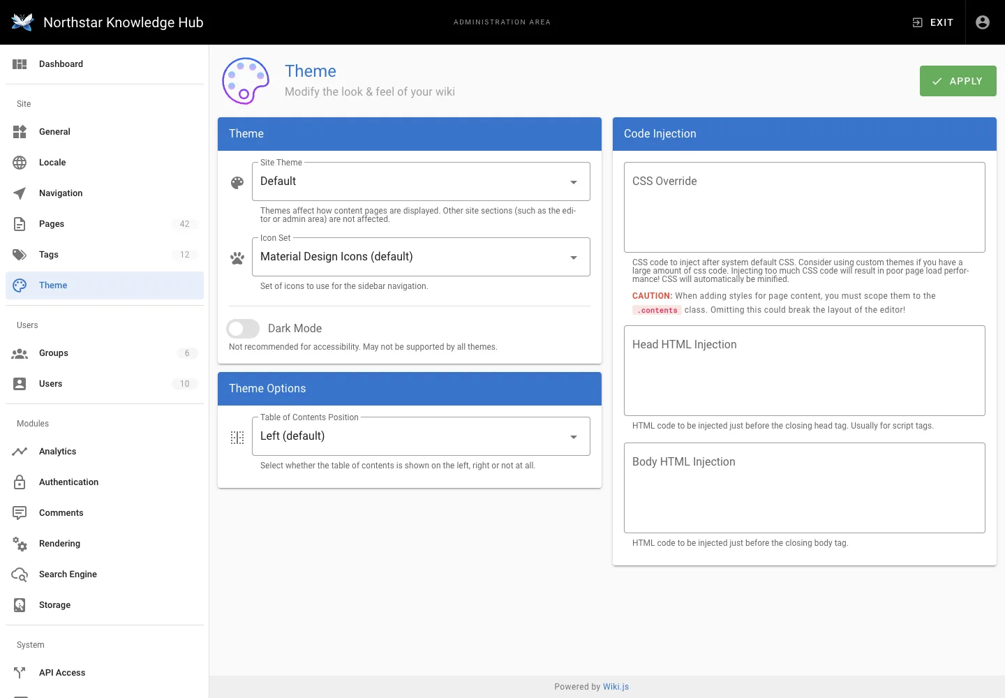 Theme settings - desktop light theme in the Wiki.js interface