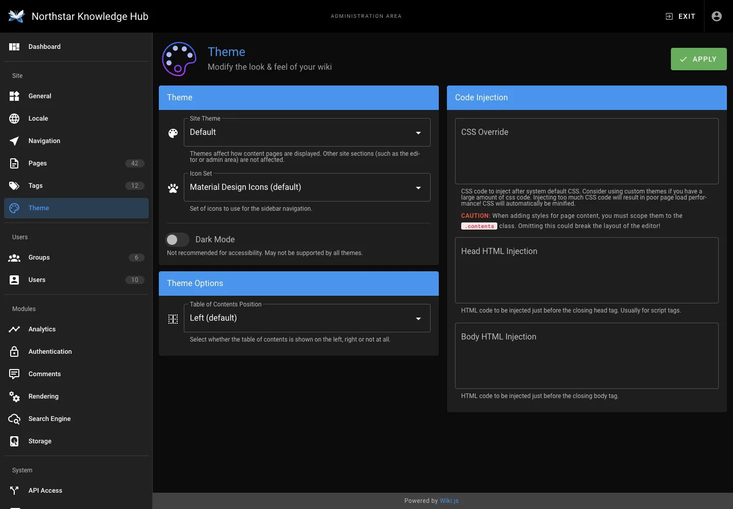 Theme settings - desktop dark theme in the Wiki.js interface