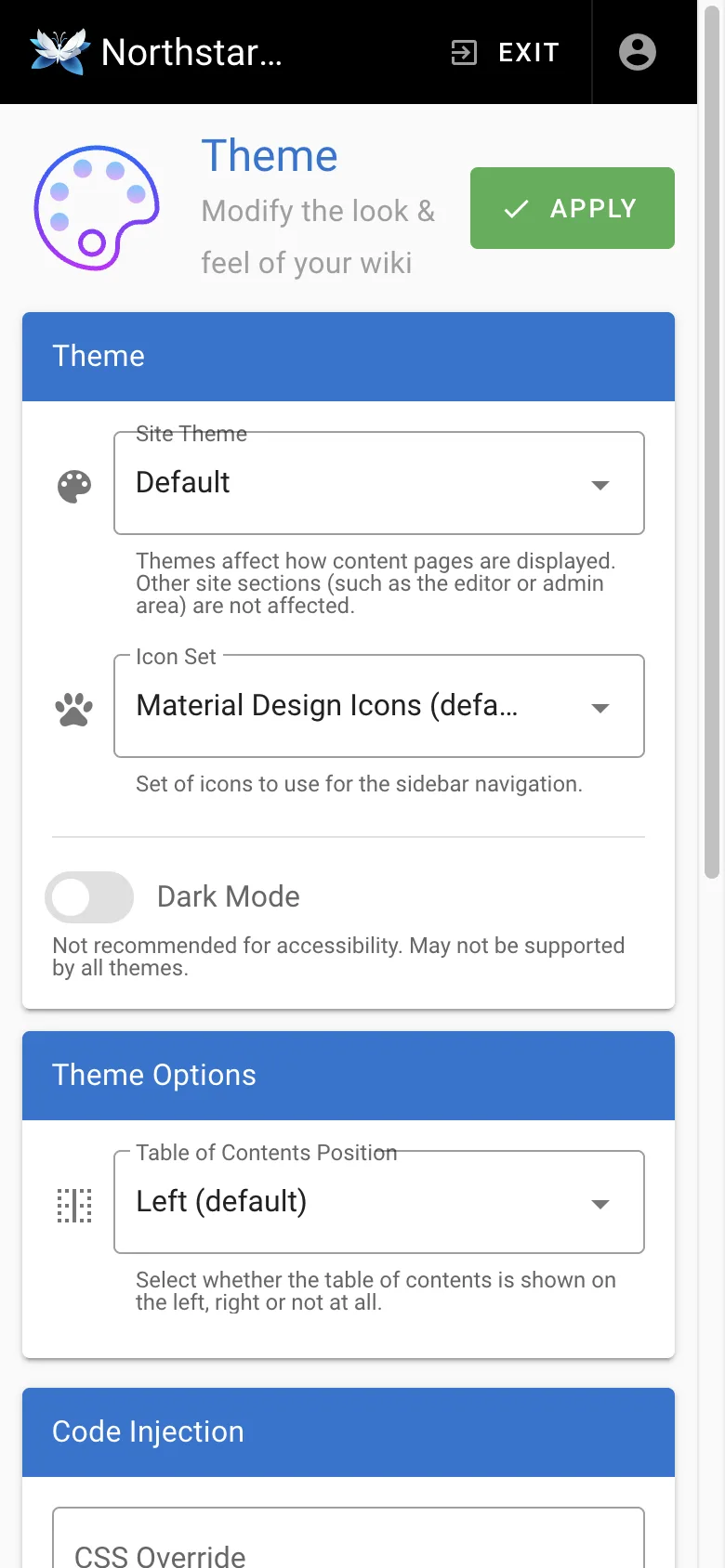 Theme settings - mobile light theme in the Wiki.js interface