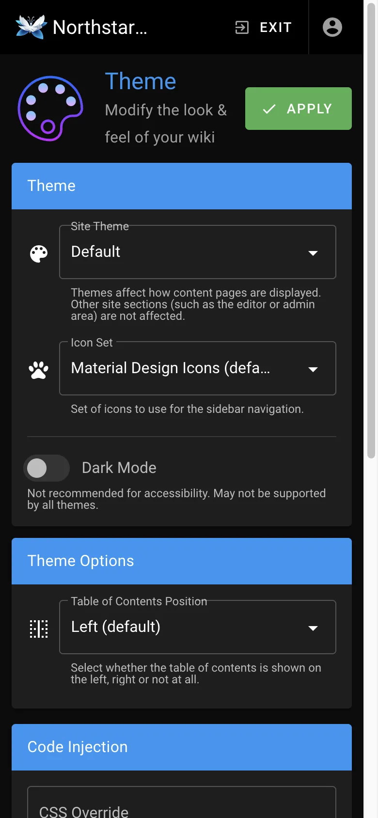 Theme settings - mobile dark theme in the Wiki.js interface