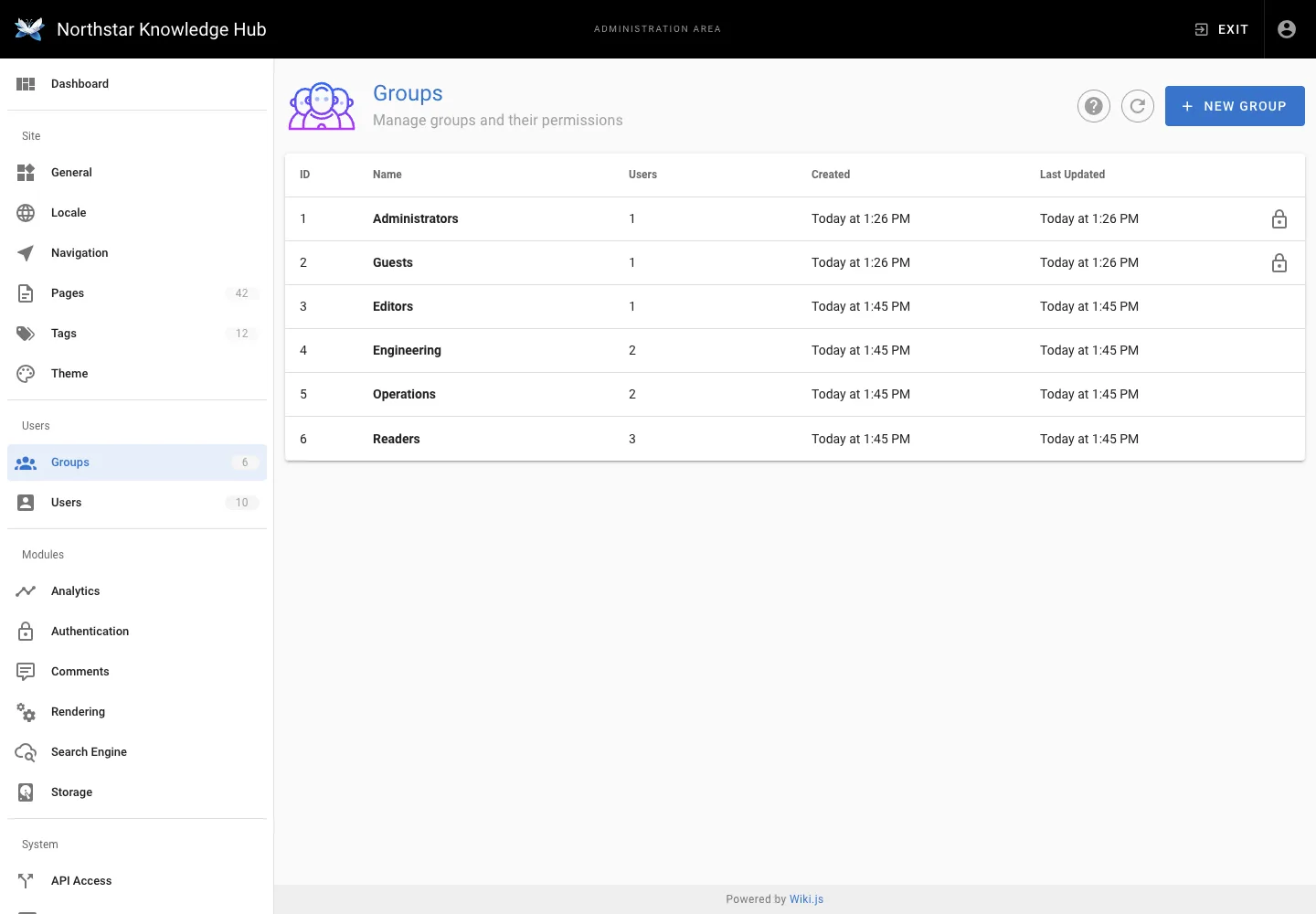 Group management - desktop light theme in the Wiki.js interface