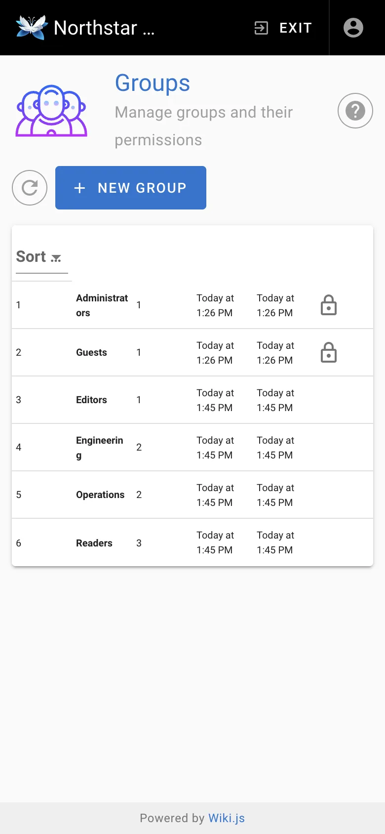 Group management - mobile light theme in the Wiki.js interface