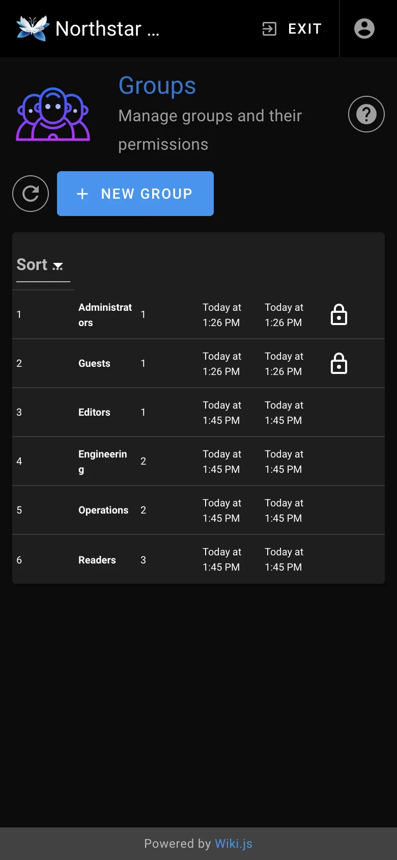 Group management - mobile dark theme in the Wiki.js interface