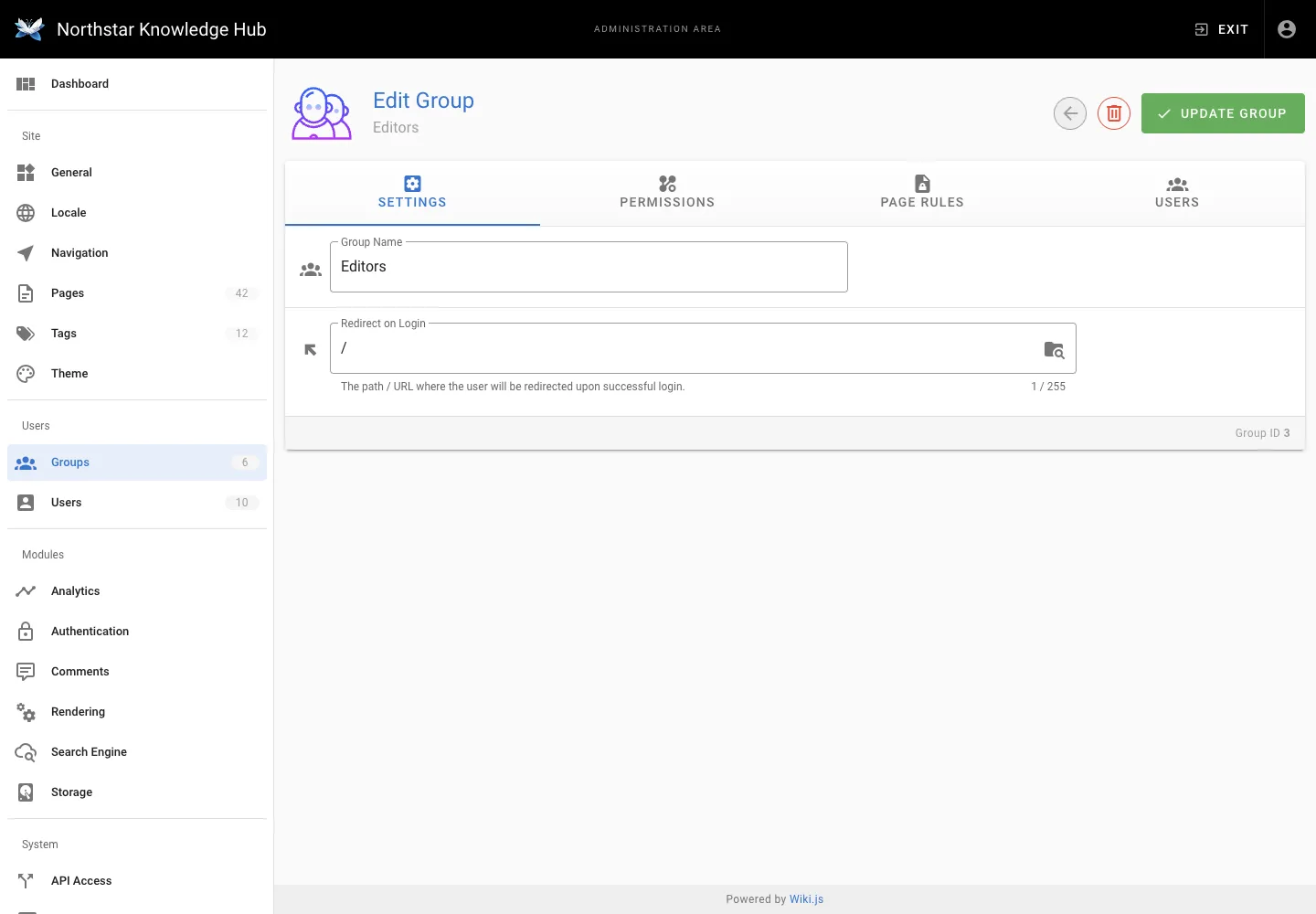 Group permissions - desktop light theme in the Wiki.js interface