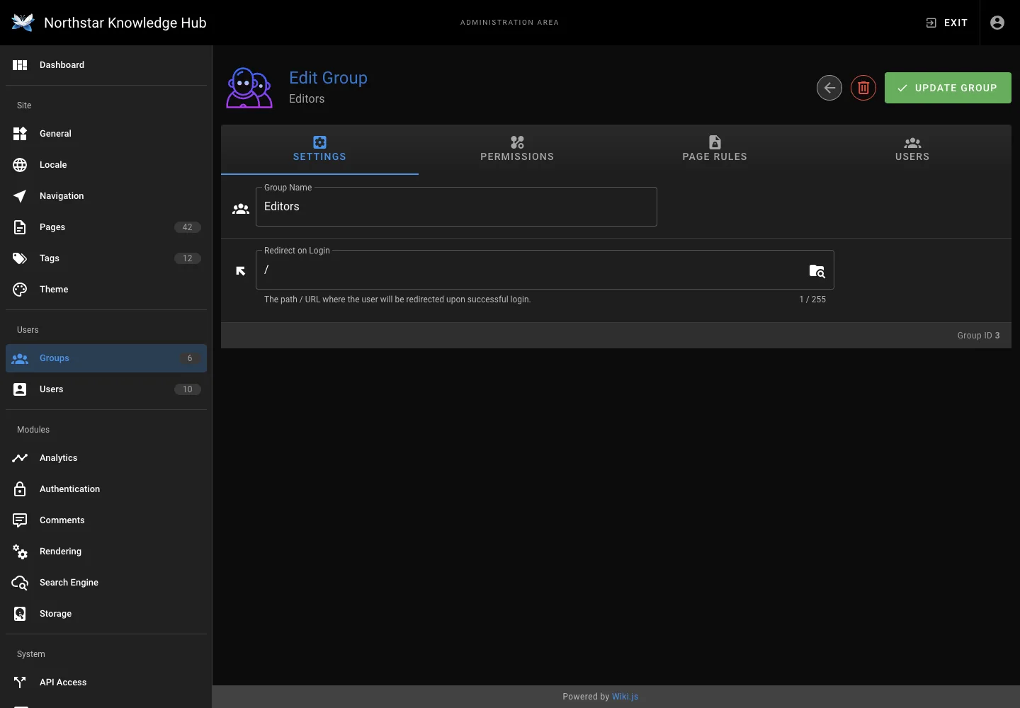 Group permissions - desktop dark theme in the Wiki.js interface