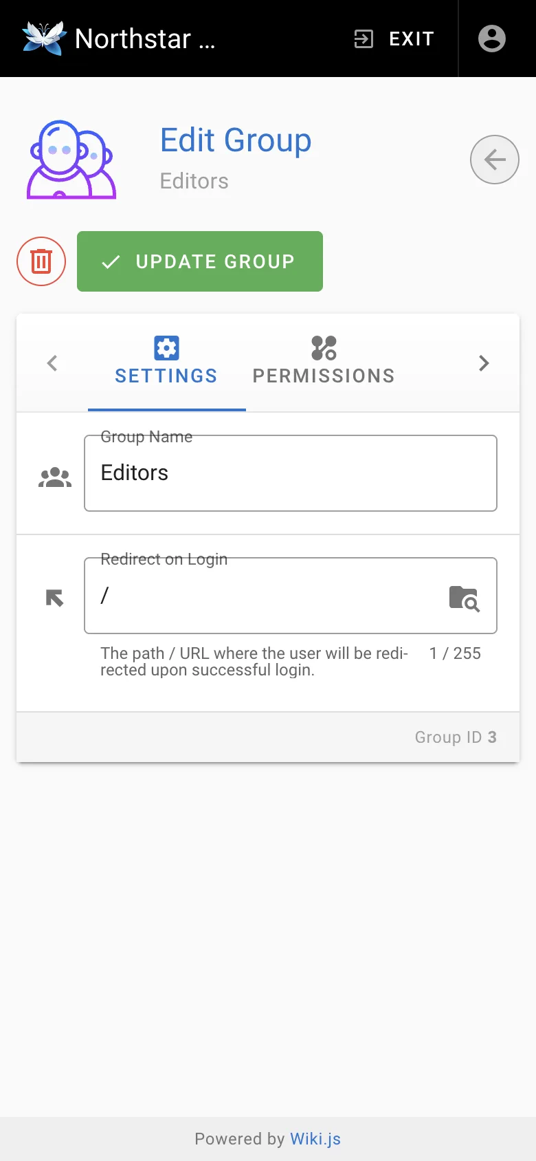 Group permissions - mobile light theme in the Wiki.js interface