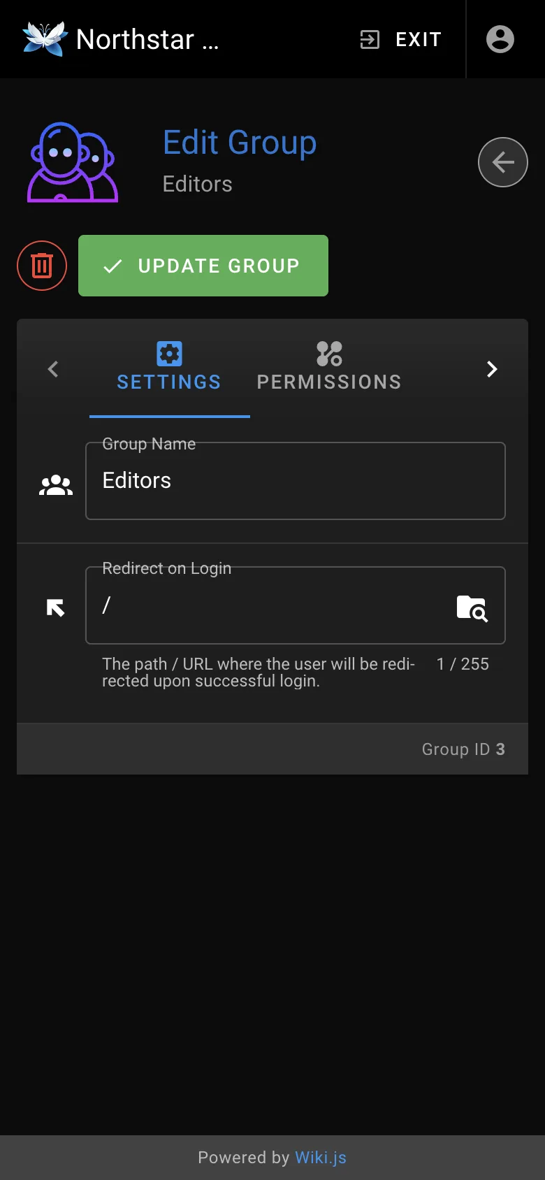 Group permissions - mobile dark theme in the Wiki.js interface