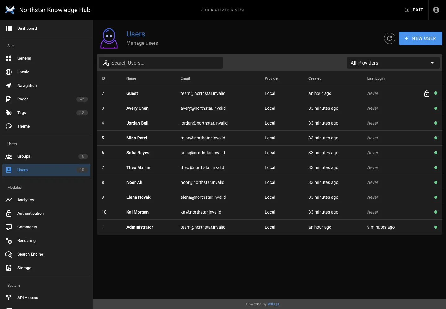 User management - desktop dark theme in the Wiki.js interface