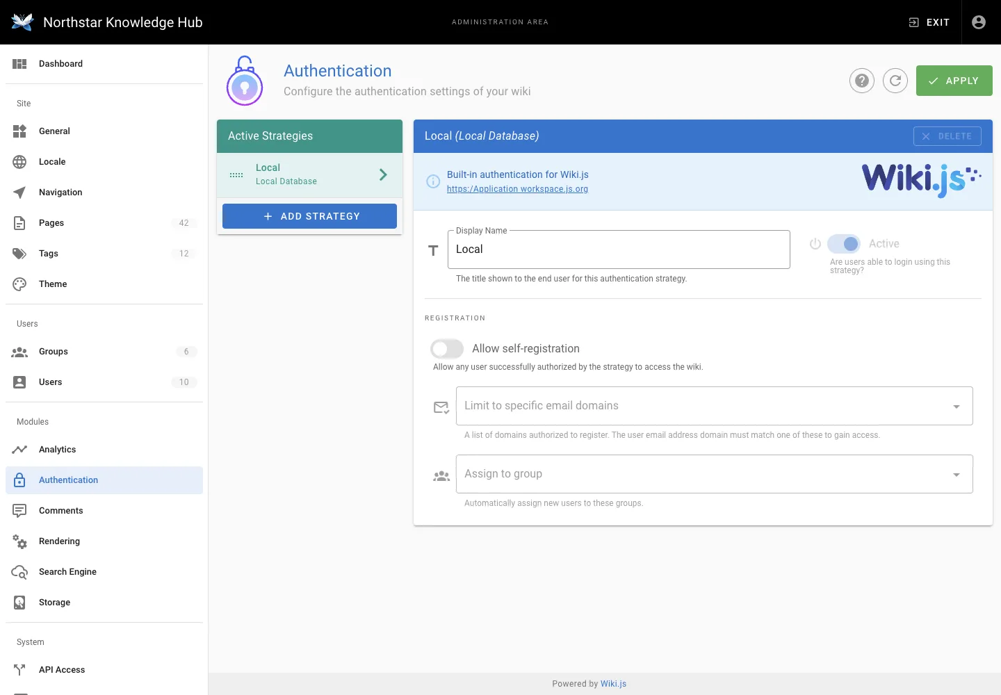 Authentication settings - desktop light theme in the Wiki.js interface