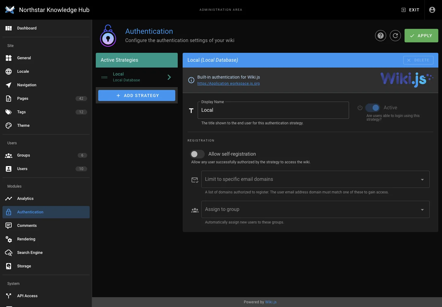 Authentication settings - desktop dark theme in the Wiki.js interface