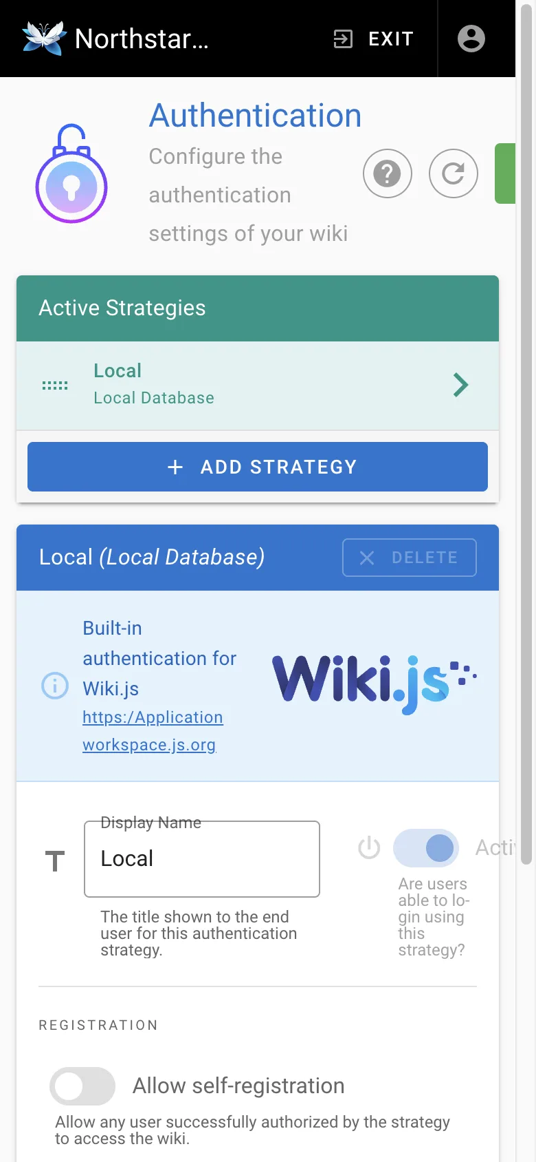 Authentication settings - mobile light theme in the Wiki.js interface