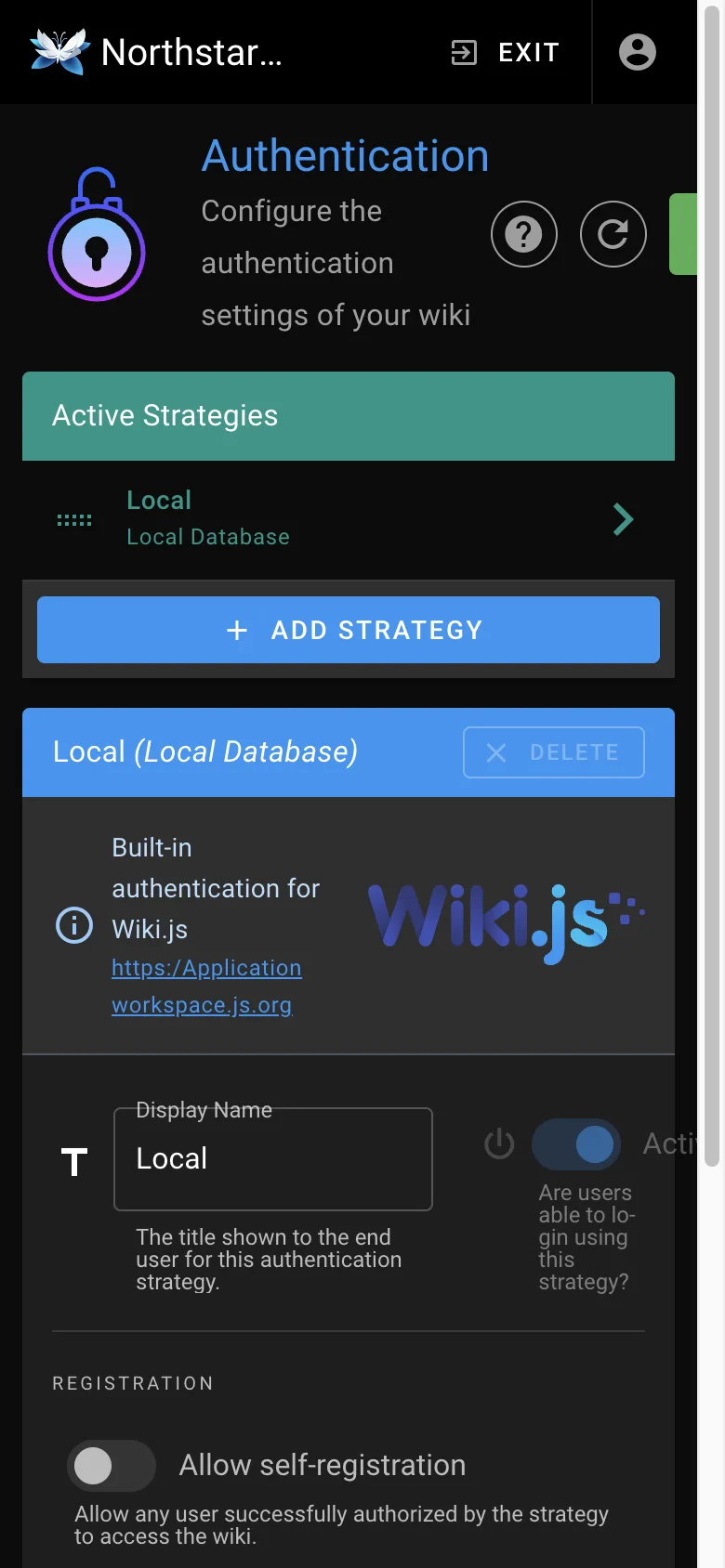 Authentication settings - mobile dark theme in the Wiki.js interface